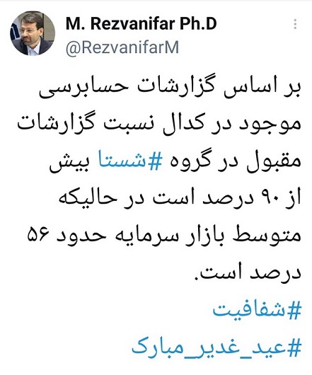 بر اساس گزارشات حسابرسی موجود در کدال، نسبت گزارشات مقبول در گروه شستا ⁩ بیش از ۹۰ درصد است