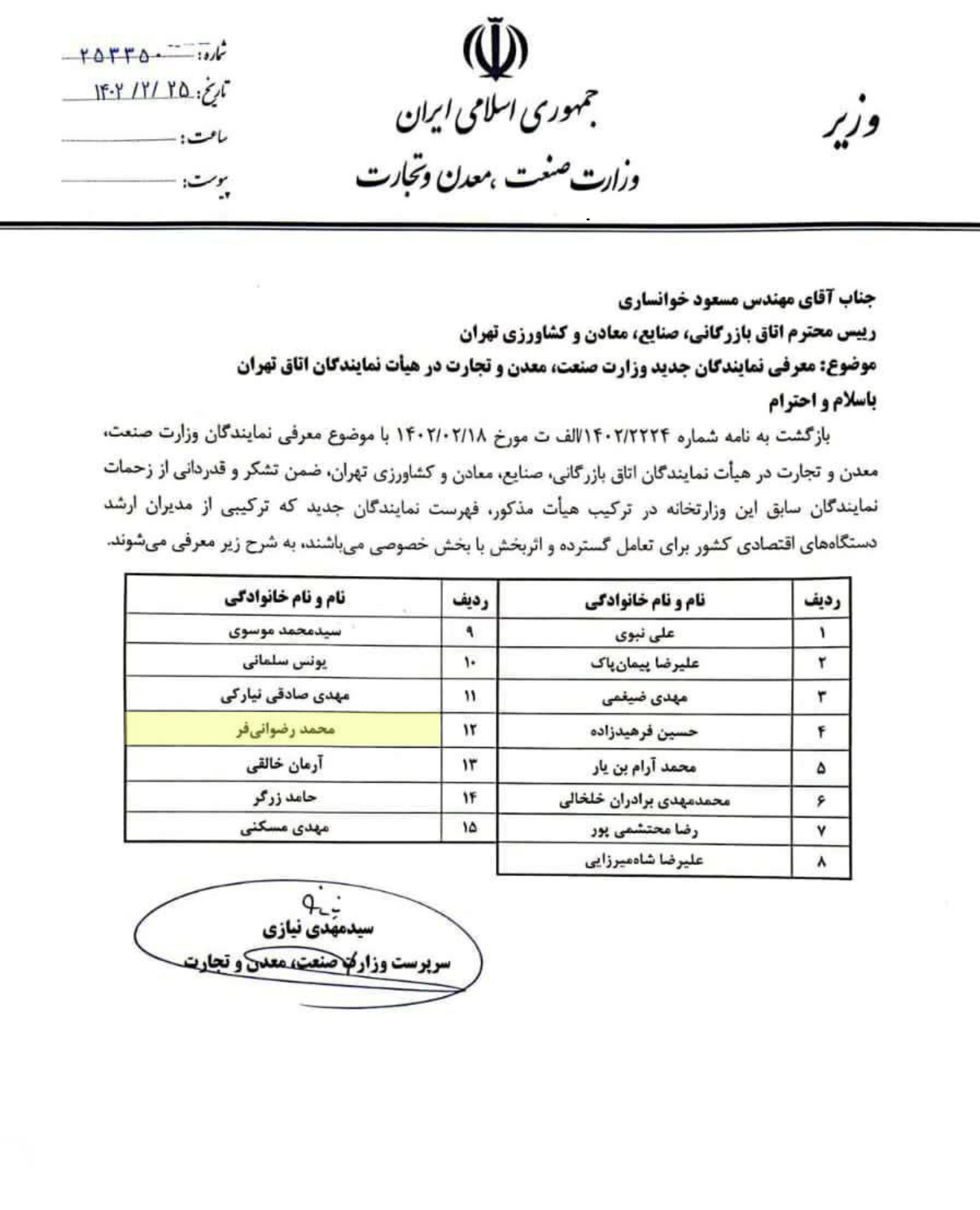 انتخاب دکتر محمد رضوانی فر در هیئت نمایندگان اتاق بازرگانی، صنایع، معادن و کشاورزی تهران